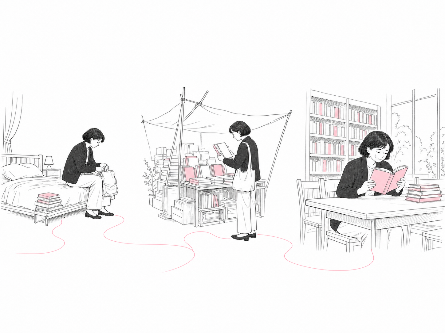 短发女孩沿着由淡玫红书脊组成的路径拾起旧画报与书，最后在图书馆捧着一本无字封面的书安静落泪。