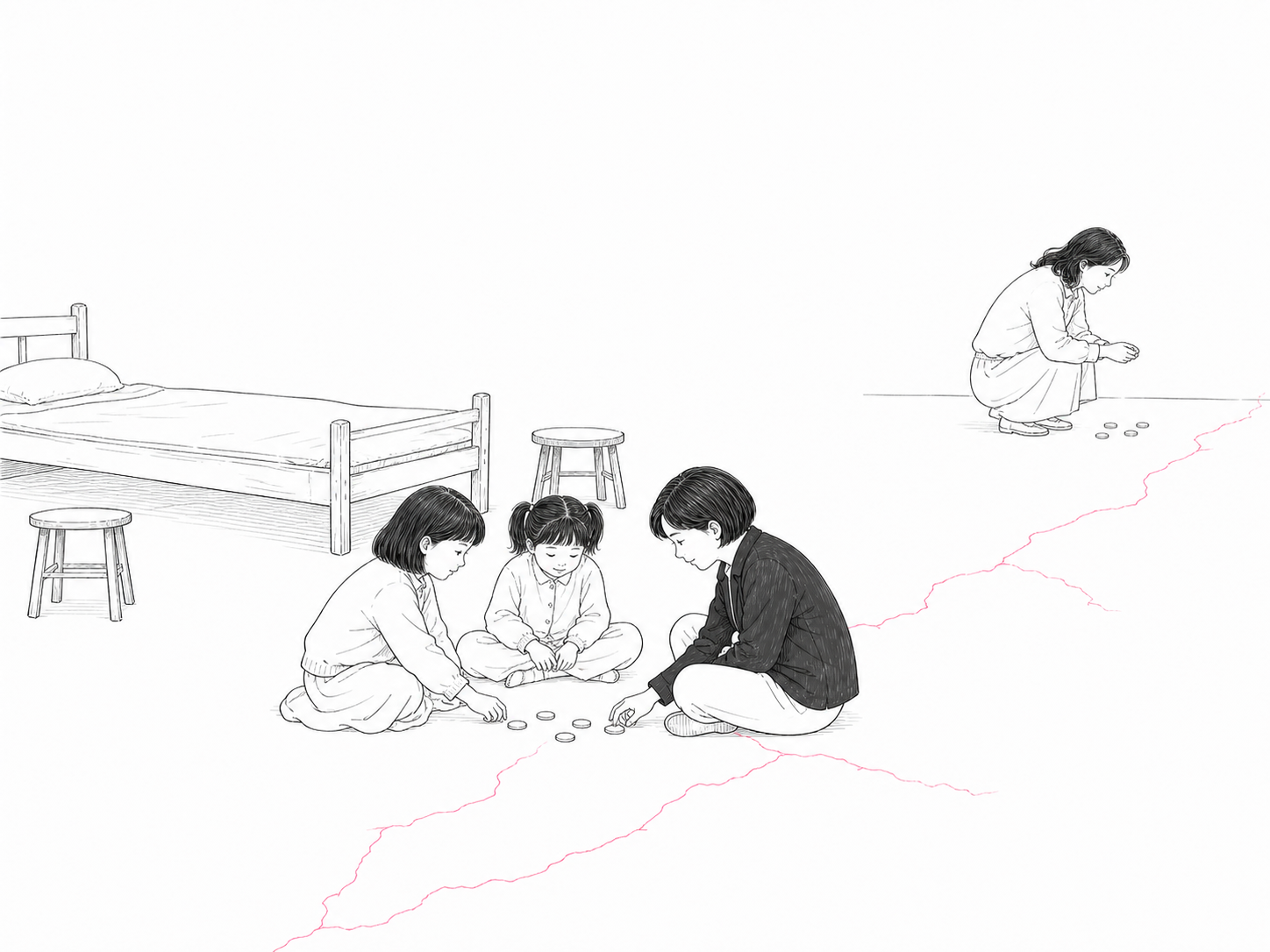 三个短发小女孩在只有几把凳子和一张床的空房里玩，母亲在远处数硬币，淡玫红线像地板缝穿过房间。