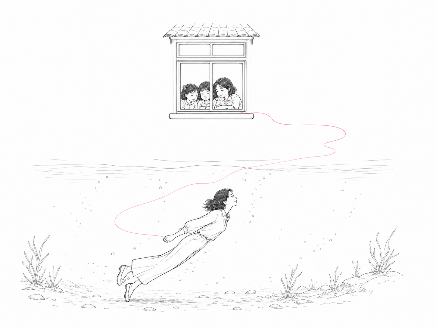 上方三个女孩在关闭的窗内彼此靠近，窗外无人；下方成年黎紫书在水中自救，淡玫红线从窗外断开并沉入水下。