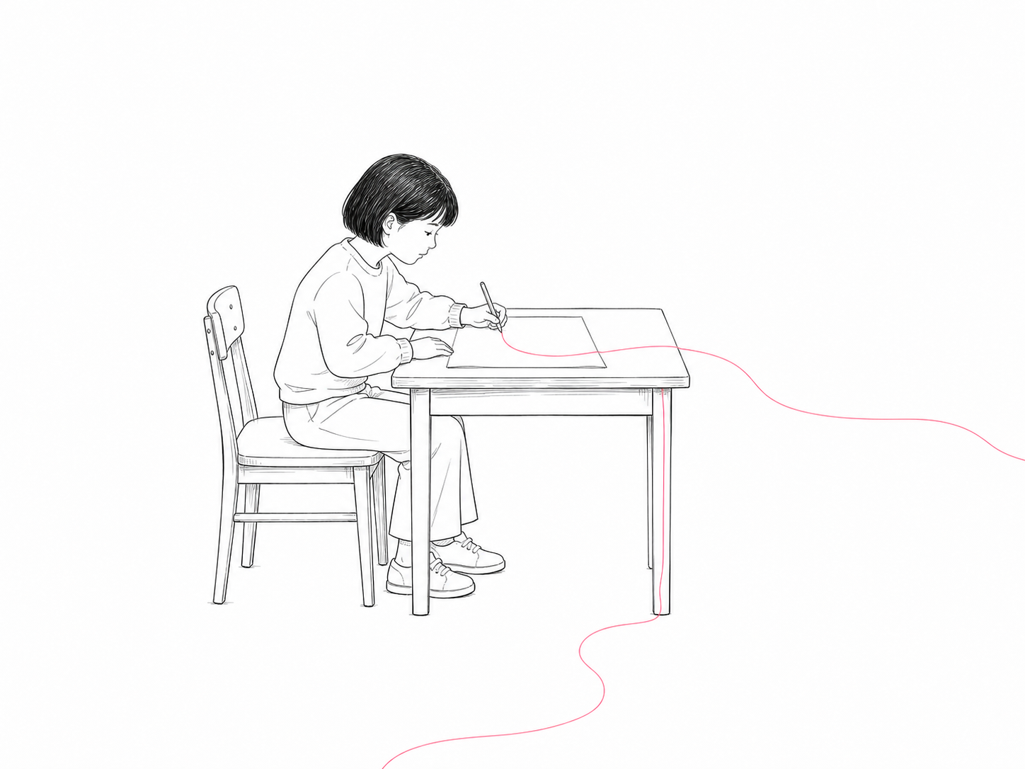 短发女孩独坐书桌，淡玫红水线沿桌脚上升，在笔尖变成墨迹，流过没有文字的白纸。